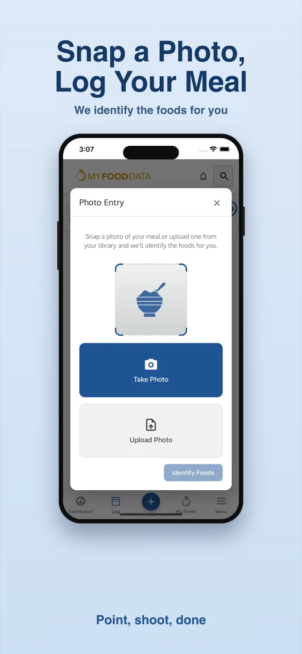 MyFoodData app photo entry screen that identifies foods from a photo of your meal