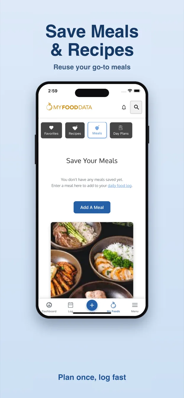 MyFoodData app My Foods screen for saving meals and recipes