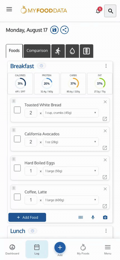Demo of comparing foods you log side by side in the MyFoodData app