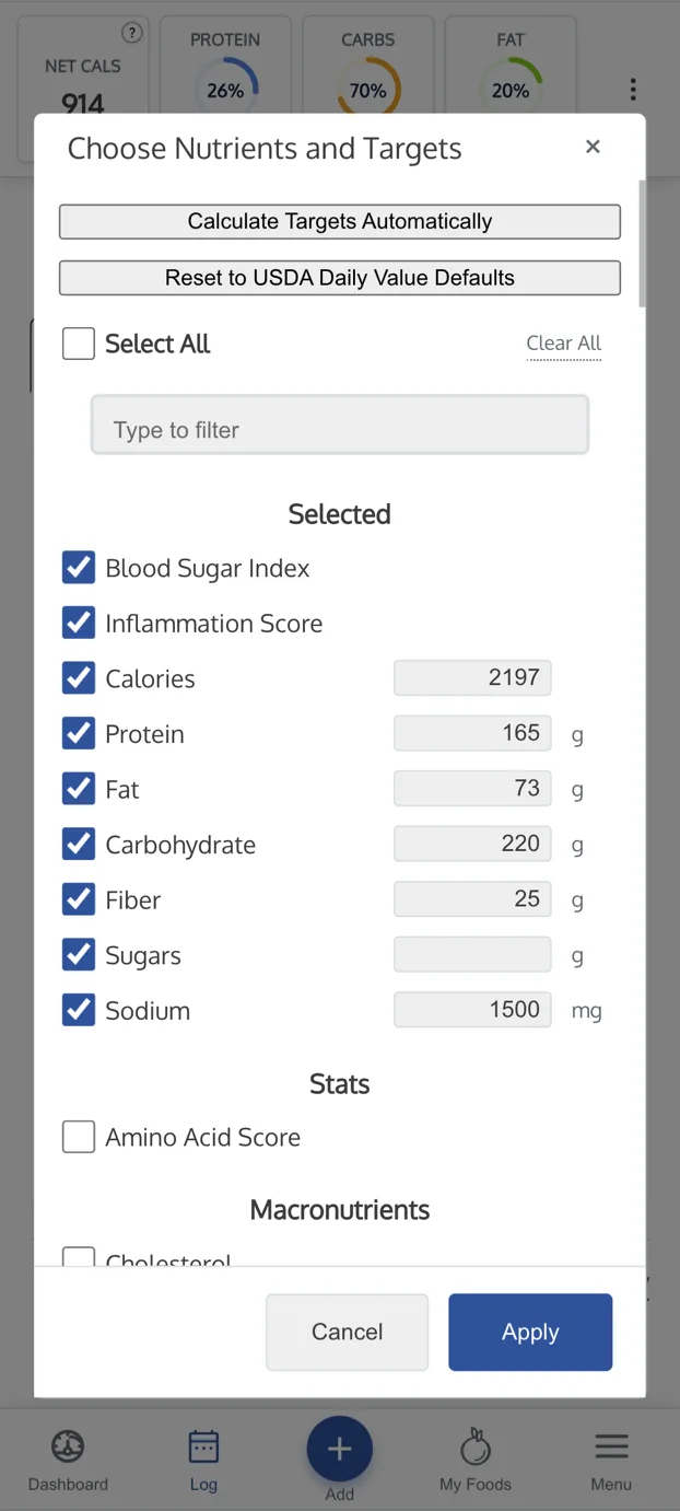 Choose nutrients and set custom targets